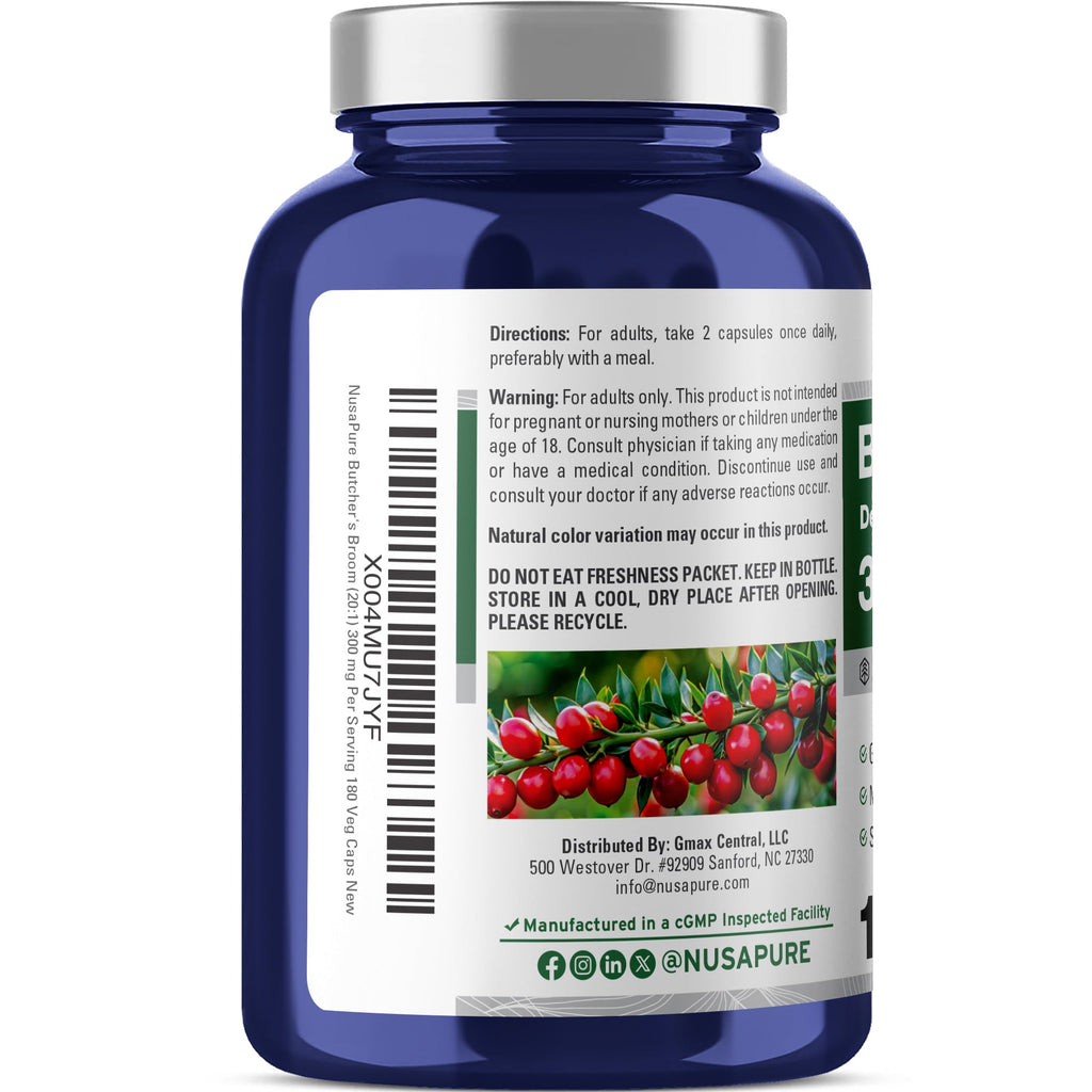 NusaPure Butcher's Broom Root 20:1 Extract, 300 mg Veggie Caps 180 Count (Non-GMO, Vegan)