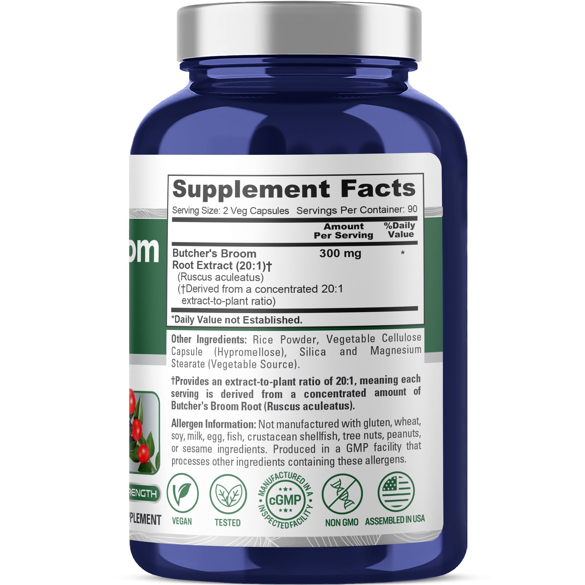NusaPure Butcher's Broom Root 20:1 Extract, 300 mg Veggie Caps 180 Count (Non-GMO, Vegan)