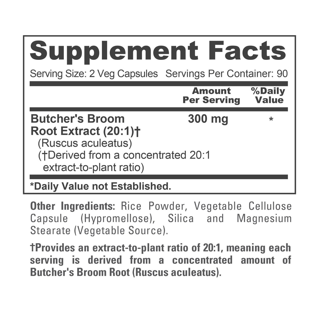 NusaPure Butcher's Broom Root 20:1 Extract, 300 mg Veggie Caps 180 Count (Non-GMO, Vegan)