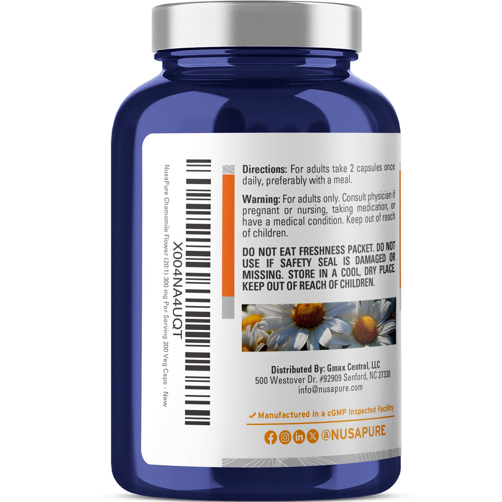 NusaPure Chamomile Flower 20:1 Extract, 300 mg Per Veggie Caps 200 Count (Non-GMO, Vegan)