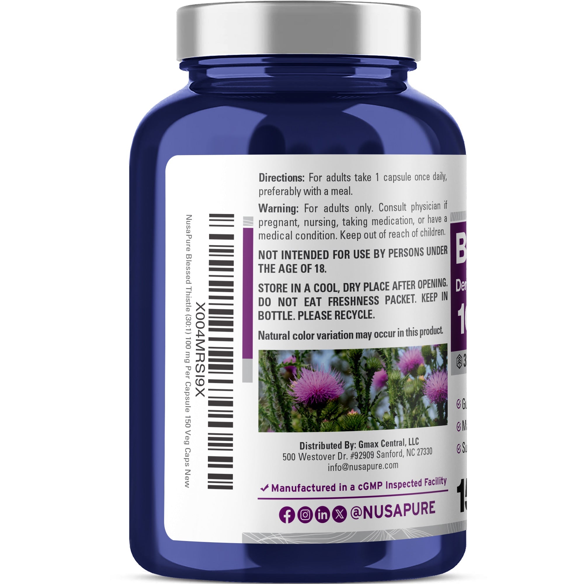 NusaPure Blessed Thistle Seed 30:1 Extract, 100 mg Per Veggie Caps 150 Count (Non-GMO, Vegan)