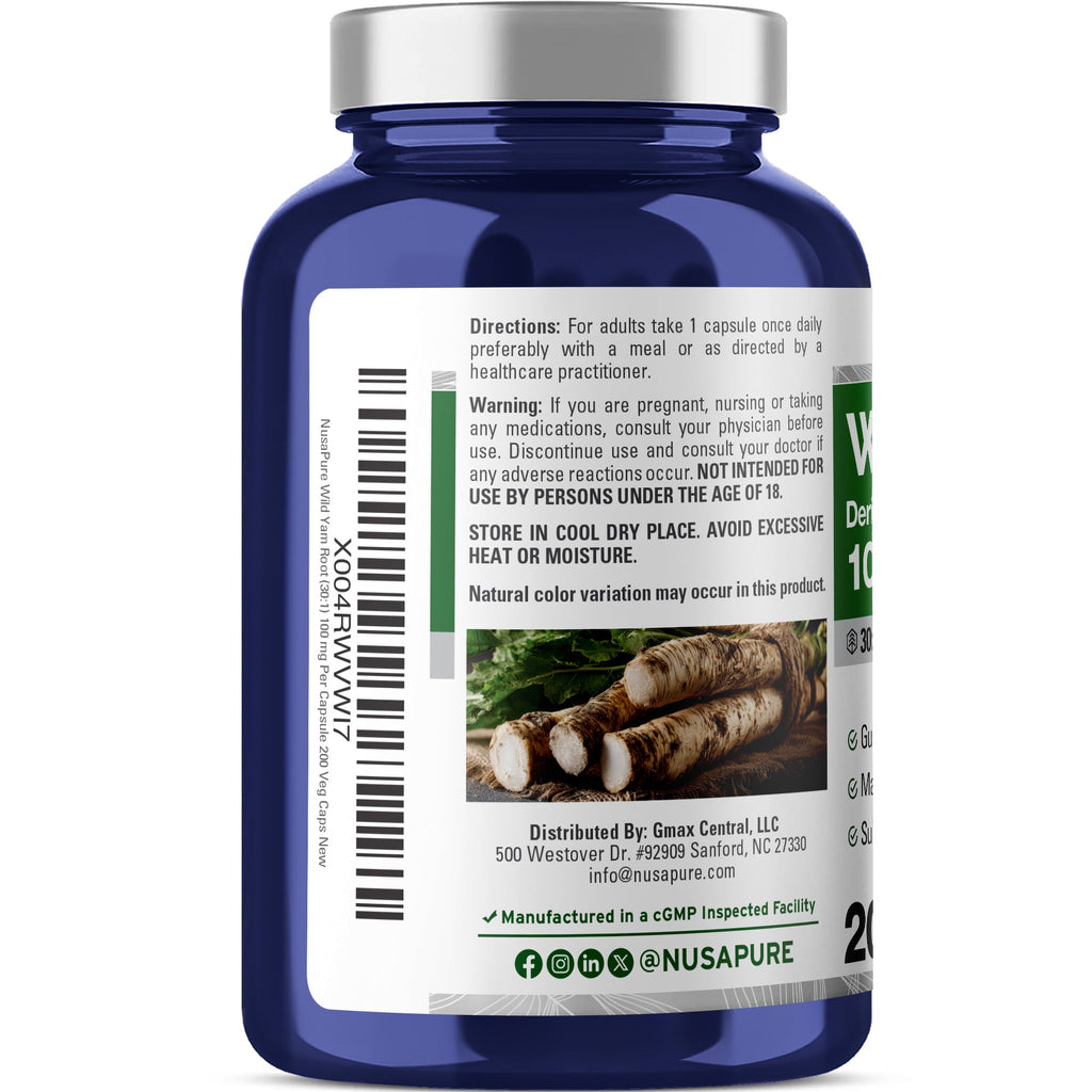 NusaPure Wild Yam Root 30:1 Extract, 100 mg 200 Vegan Capsules - Women’s Health & Hormonal Balance - Non-GMO, Vegan