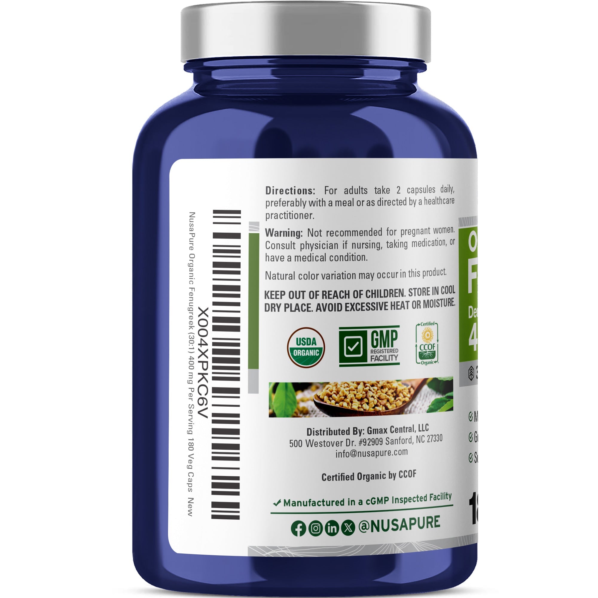 NusaPure Fenugreek Seed 30:1 Extract, 400 mg per Serving, 180 Veggie Capsules – Herbal Supplement – Non-GMO, Vegan