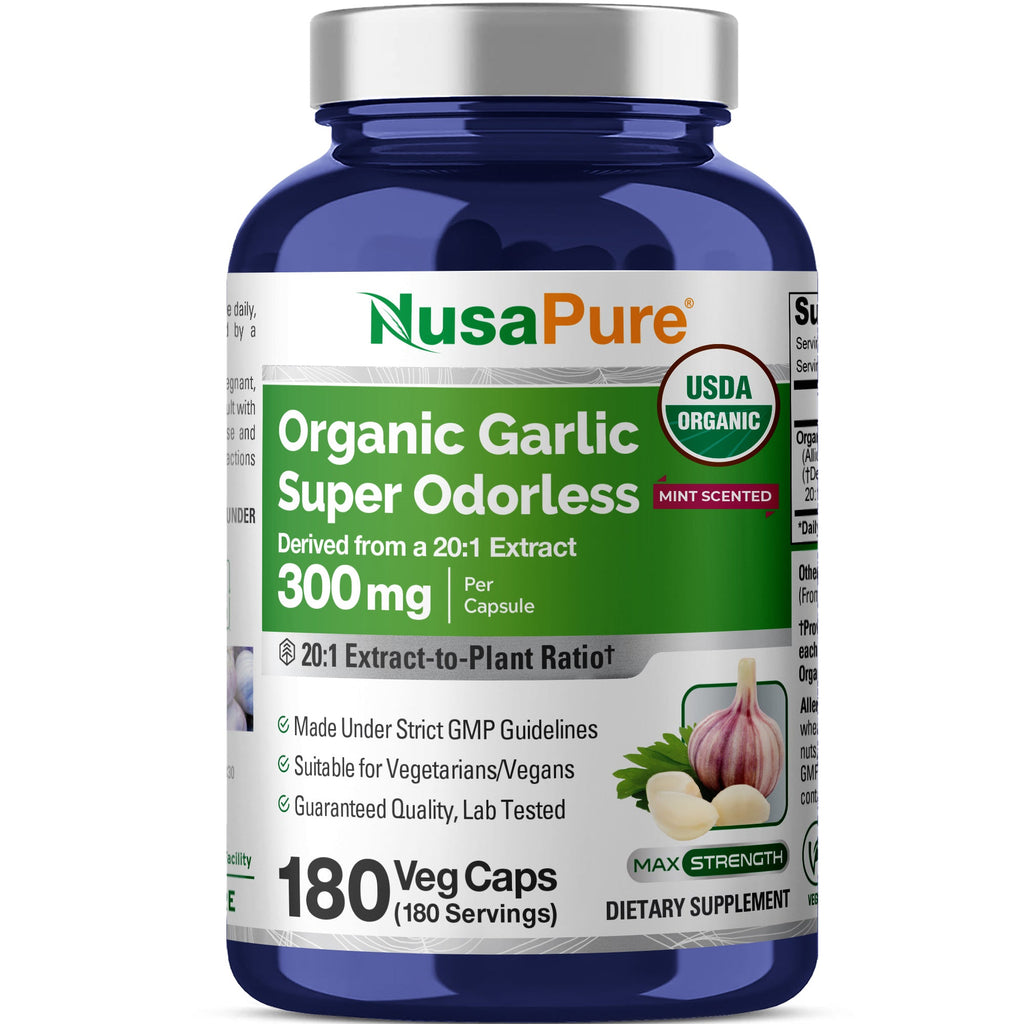 NusaPure Organic Garlic Super Odorless 20:1 Extract, 300 mg | 180 Veggie Capsules | USDA Organic | Herbal Supplement | Non-GMO, Vegan