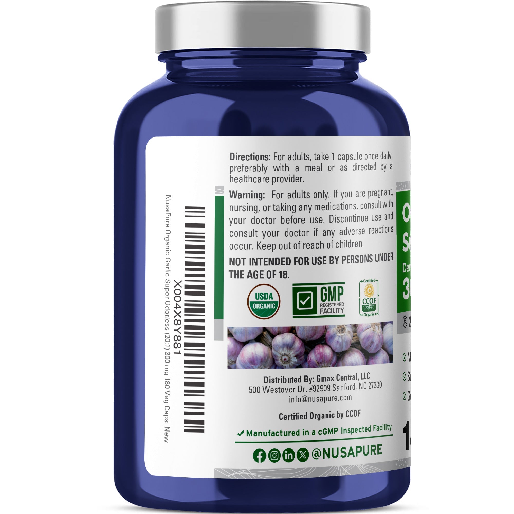 NusaPure Organic Garlic Super Odorless 20:1 Extract, 300 mg | 180 Veggie Capsules | USDA Organic | Herbal Supplement | Non-GMO, Vegan