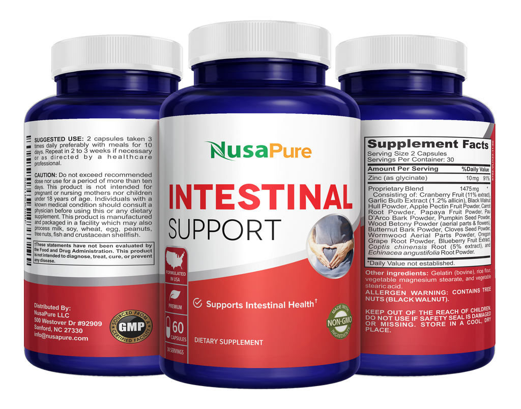 NusaPure Intestinal Support for Humans (Non-GMO), Wormwood, Garlic, Black Walnut Hull, 60 Capsules