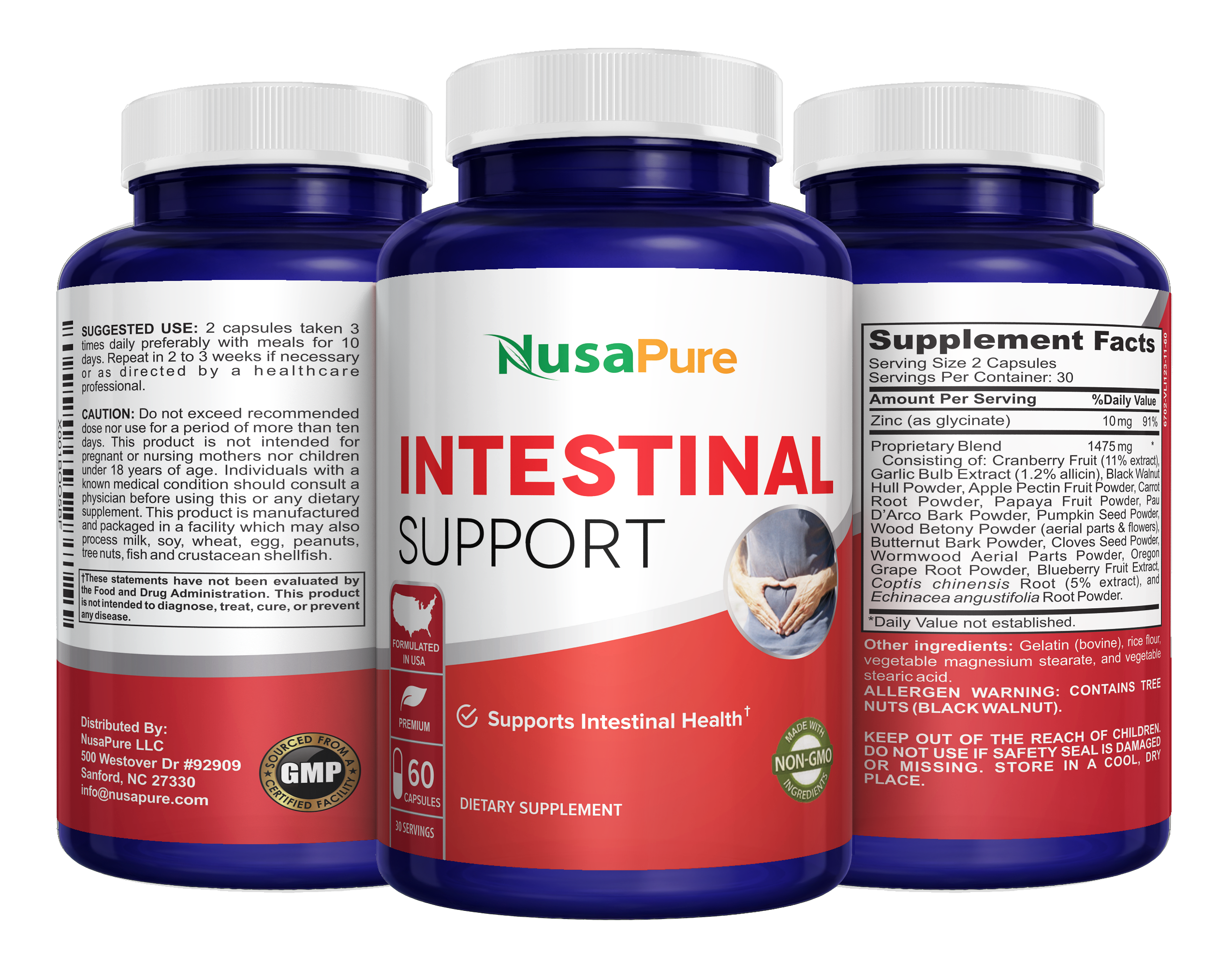 NusaPure Intestinal Support for Humans (Non-GMO), Wormwood, Garlic, Black Walnut Hull, 60 Capsules