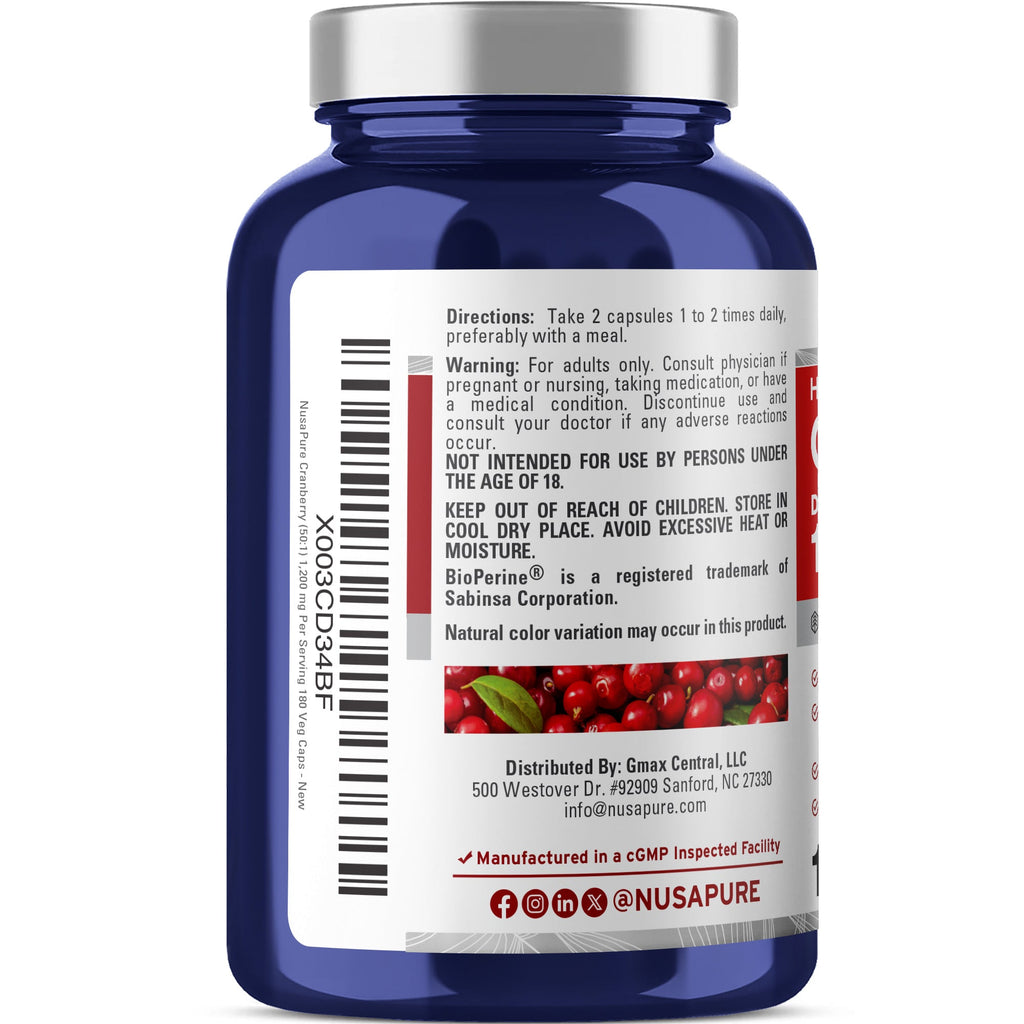 NusaPure Cranberry 1,200 mg 180 Veg Caps (Bioperine, Non-GMO, Vegan)