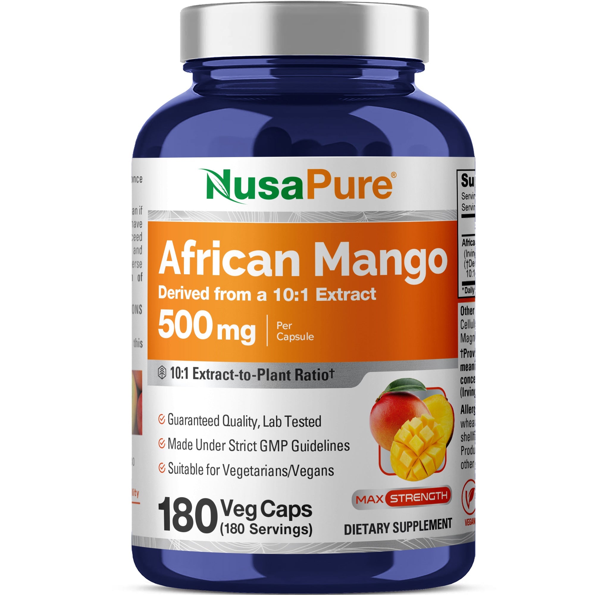 NusaPure African Mango 10:1 Extract, 500 mg per Veggie Caps 180 Capsules (Non-GMO, Vegan)