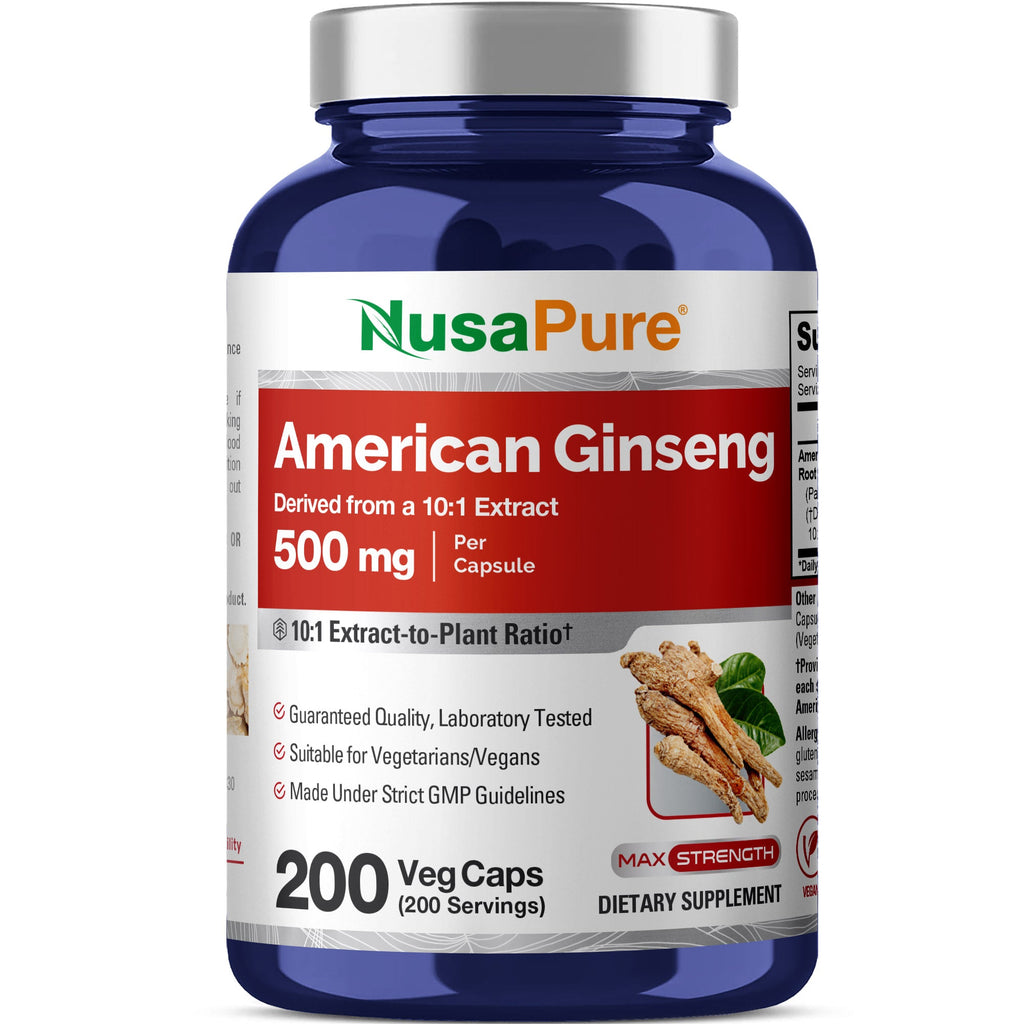 NusaPure American Ginseng 10:1 Extract, 500 mg - 200 Veggie Capsules (Vegetarian, Non-GMO, Vegan)