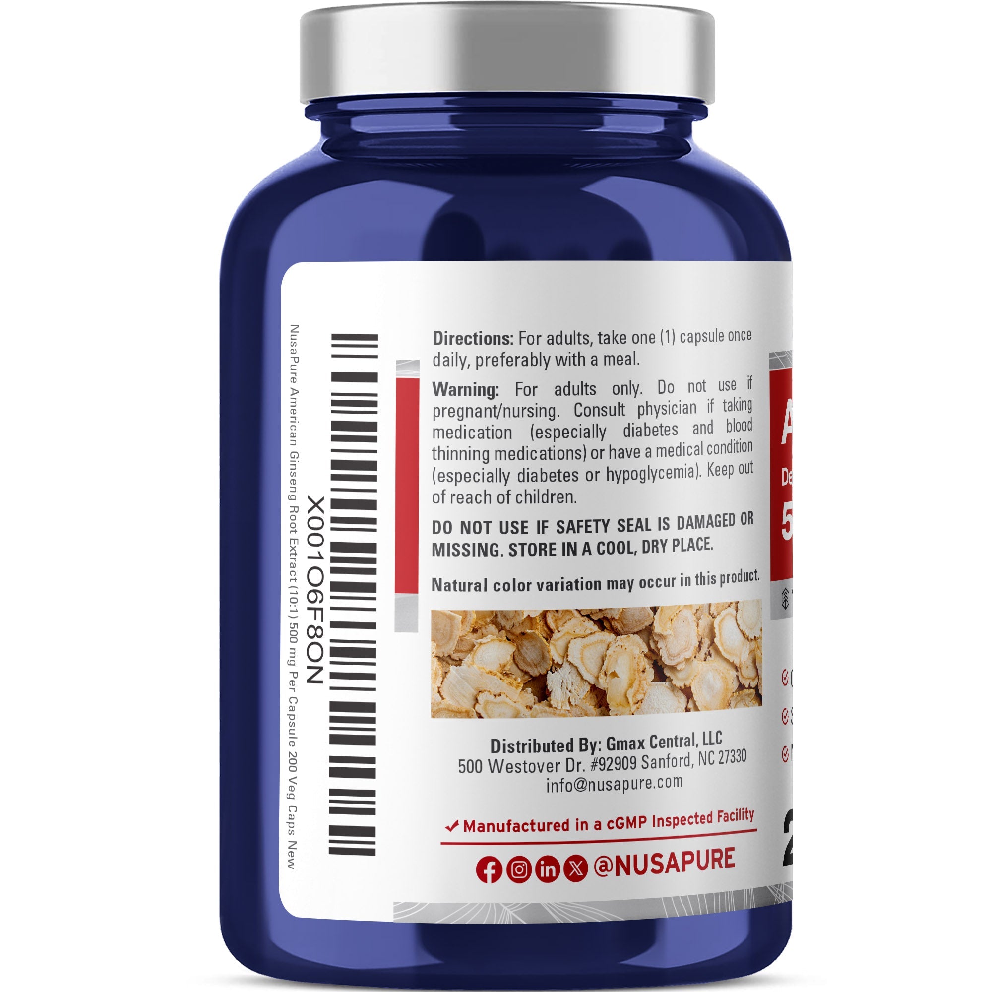 NusaPure American Ginseng 10:1 Extract, 500 mg - 200 Veggie Capsules (Vegetarian, Non-GMO, Vegan)