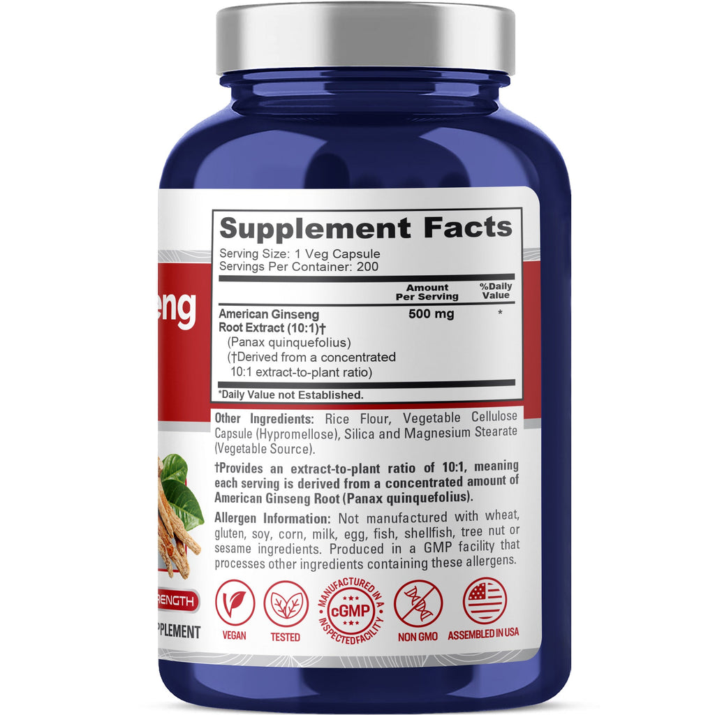 NusaPure American Ginseng 10:1 Extract, 500 mg - 200 Veggie Capsules (Vegetarian, Non-GMO, Vegan)