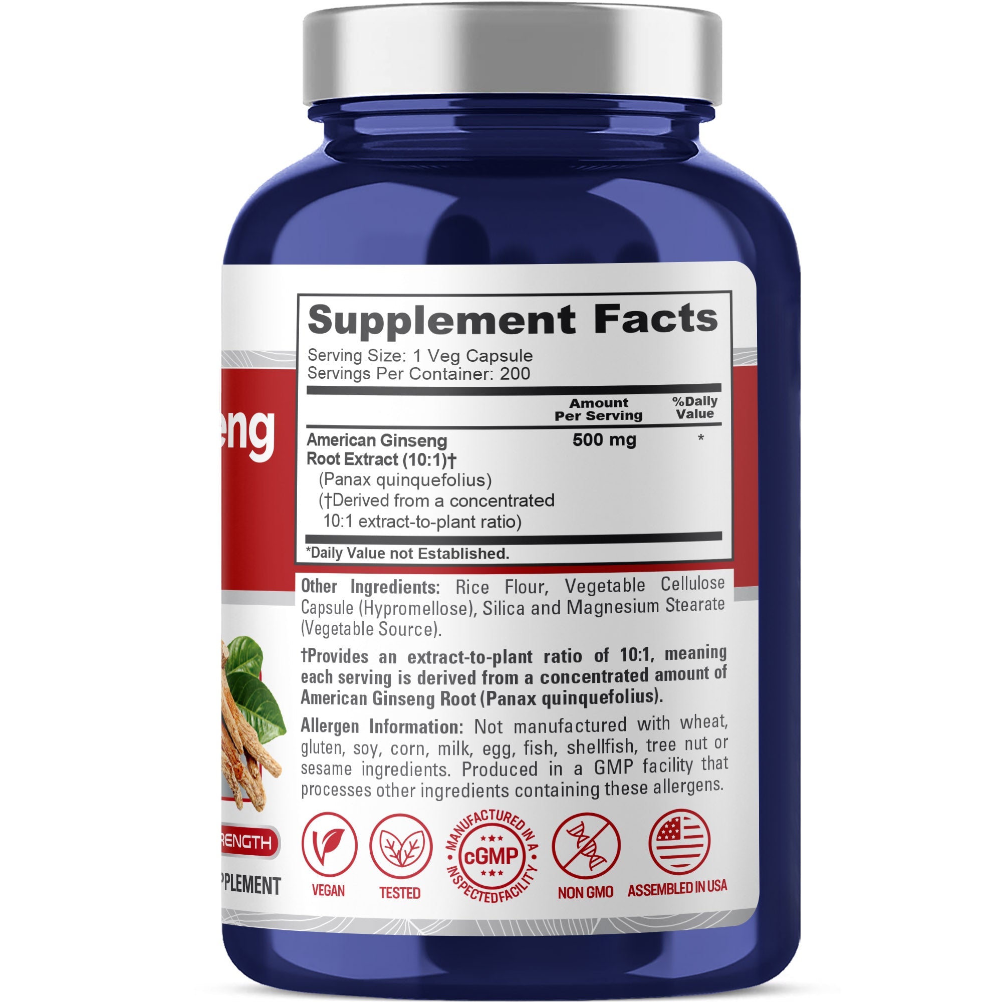 NusaPure American Ginseng 10:1 Extract, 500 mg - 200 Veggie Capsules (Vegetarian, Non-GMO, Vegan)