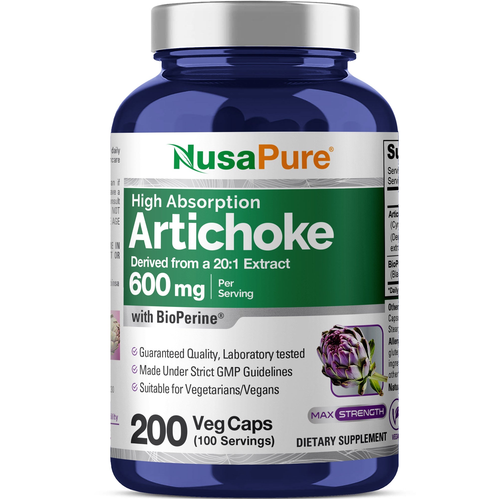 NusaPure Artichoke 20:1 Extract, 600 mg 200 Veggie caps (Non-GMO, Gluten Free)