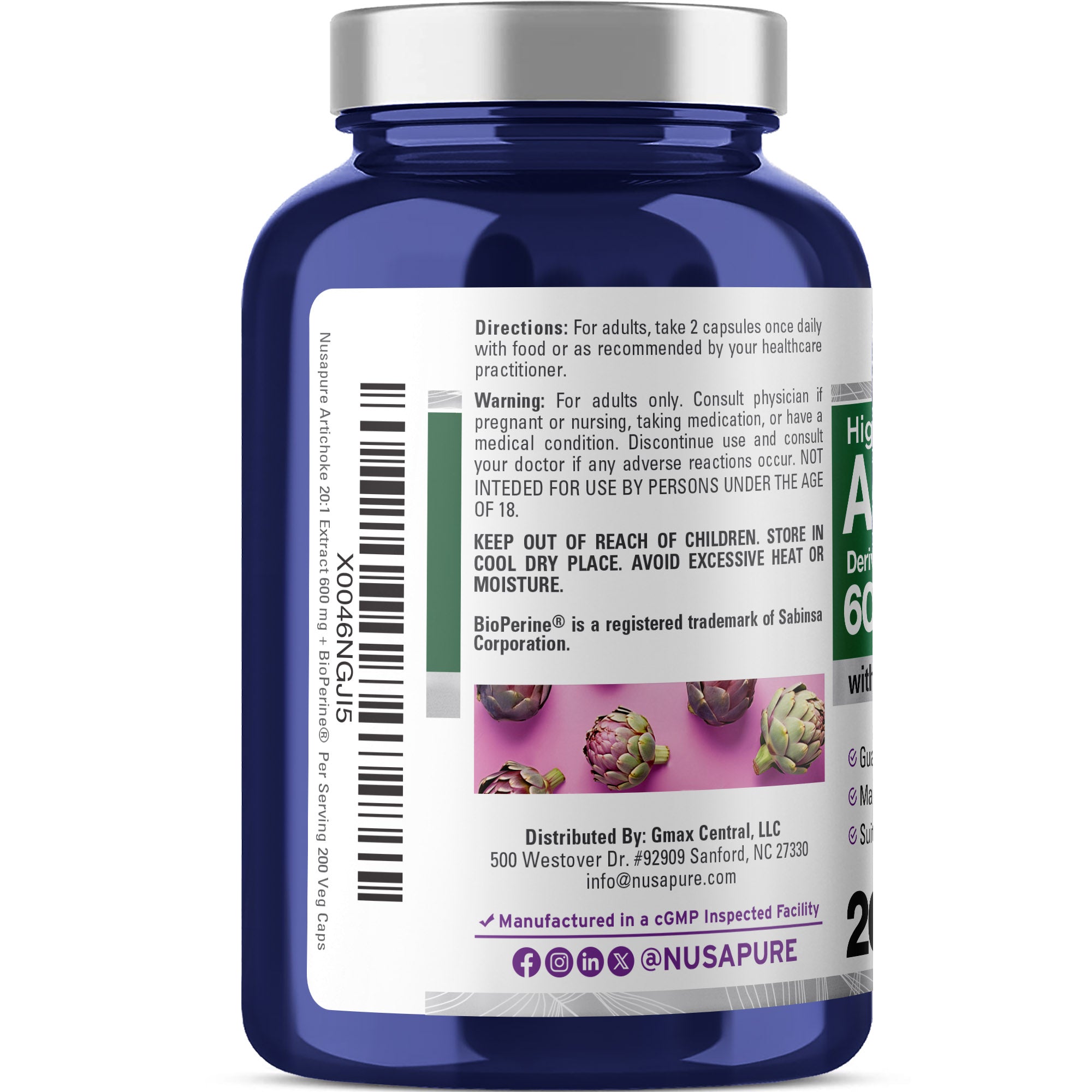NusaPure Artichoke 20:1 Extract, 600 mg 200 Veggie caps (Non-GMO, Gluten Free)