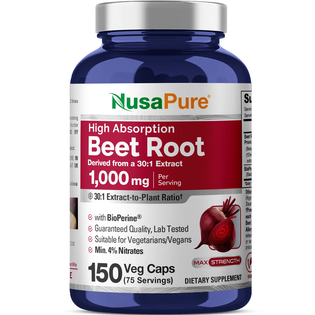 NusaPure Beet Root 30:1 Extract, 1000mg 150 Veggie caps (Vegan, Non-GMO & Vegan 4% Nitrates) Bioperine