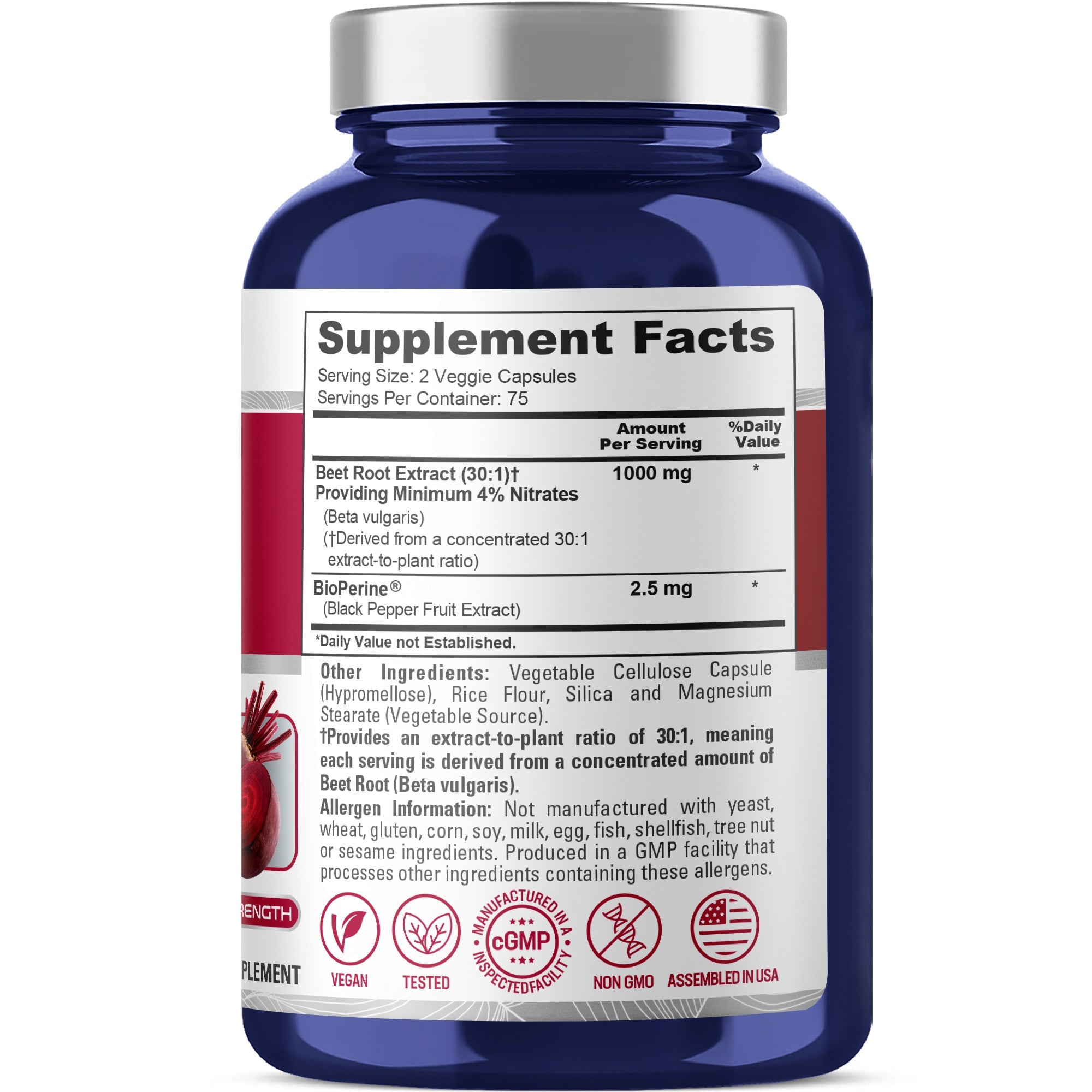 NusaPure Beet Root 30:1 Extract, 1000mg 150 Veggie caps (Vegan, Non-GMO & Vegan 4% Nitrates) Bioperine