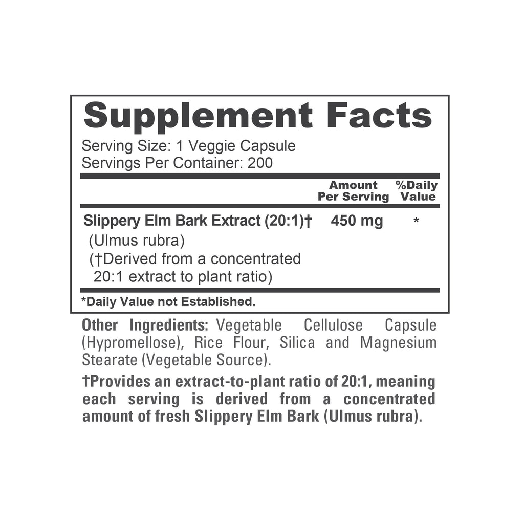 NusaPure Slippery Elm Bark 20:1 Extract, 450 mg 200 Veggie Capsules (Non-GMO, Vegan)