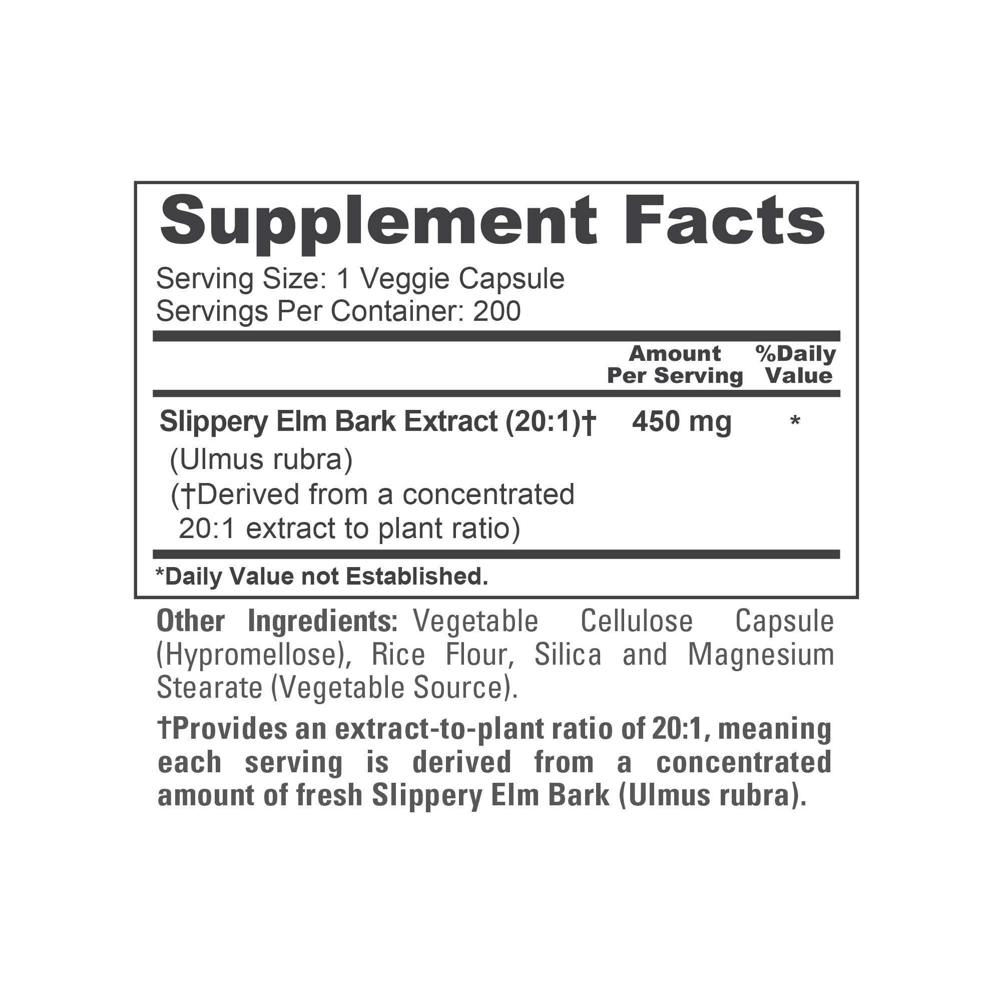 NusaPure Slippery Elm Bark 20:1 Extract, 450 mg 200 Veggie Capsules (Non-GMO, Vegan)