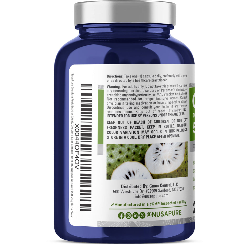 NusaPure Graviola 20:1 & 10:1 Extract 500mg - Suitable for Vegetarian/Vegan, Non- GMO - 200 Capsules