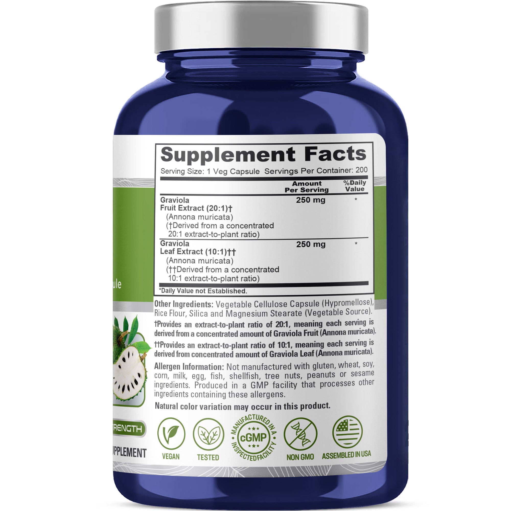 NusaPure Graviola 20:1 & 10:1 Extract 500mg - Suitable for Vegetarian/Vegan, Non- GMO - 200 Capsules