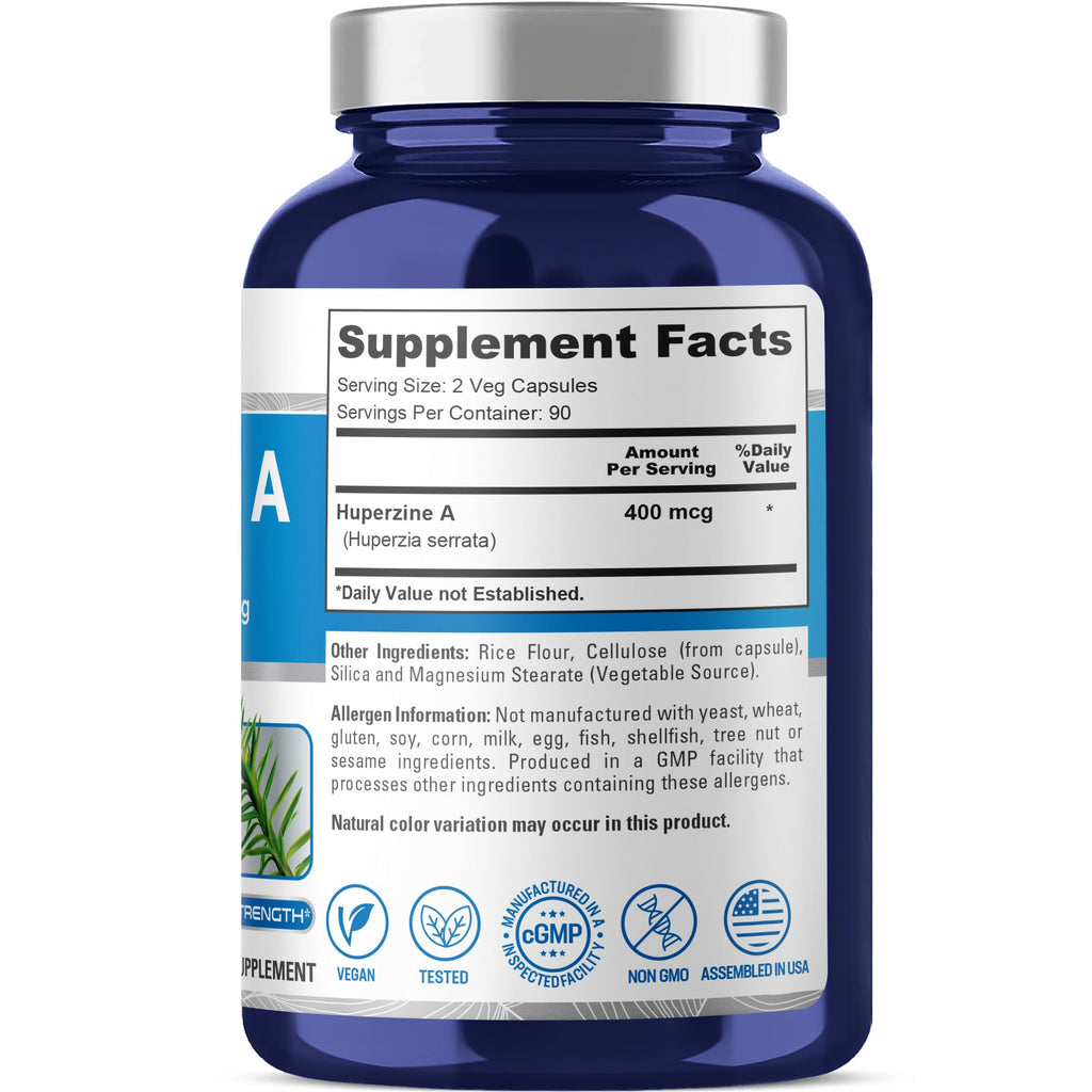 NusaPure Huperzine A 400mcg 180 Veggie Capsules (Vegetarian, Non-GMO, Vegan)