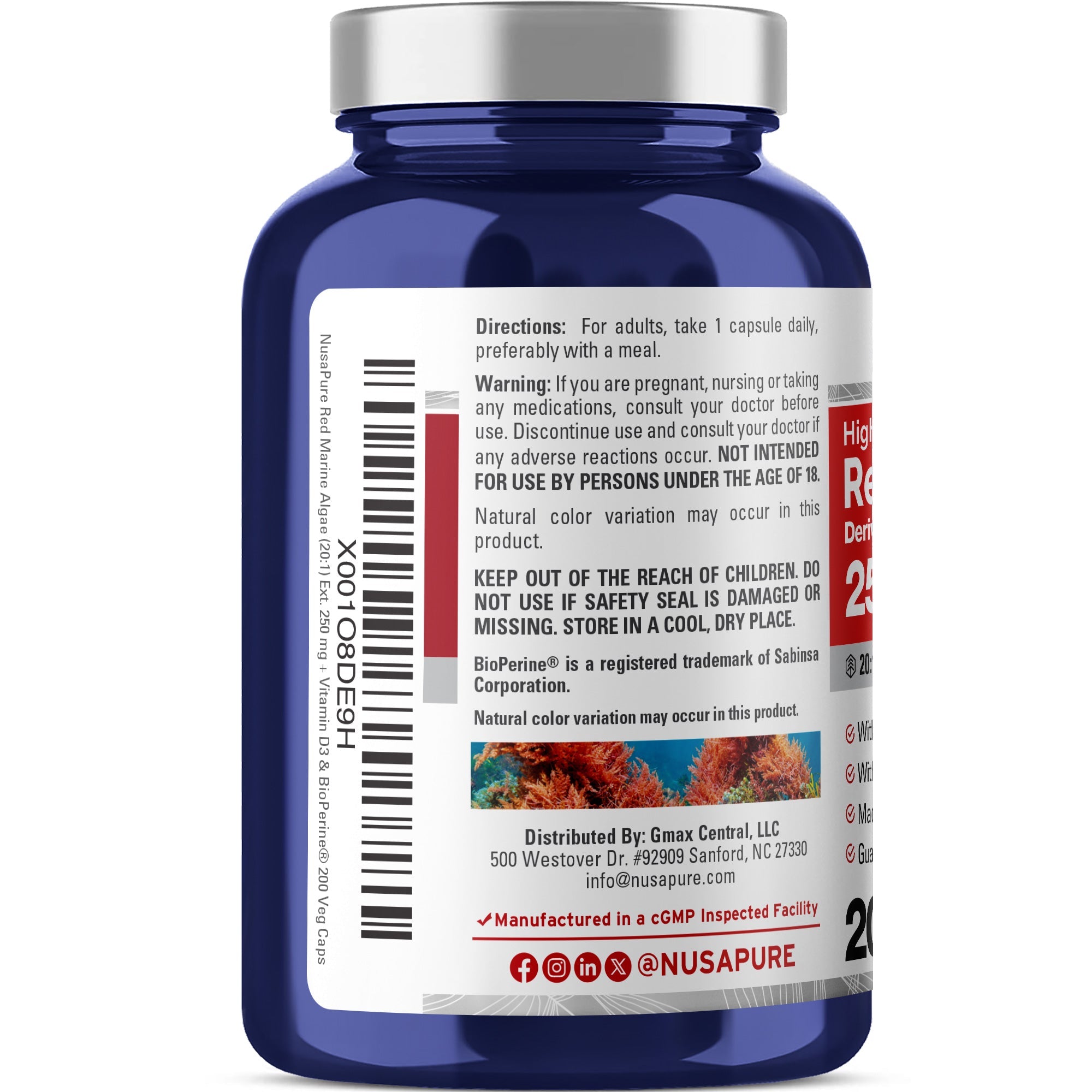 NusaPure Red Marine Algae 20:1 Extract, 250 mg 200 Veggie Capsules (Non-GMO & Soy Free) Bioperine