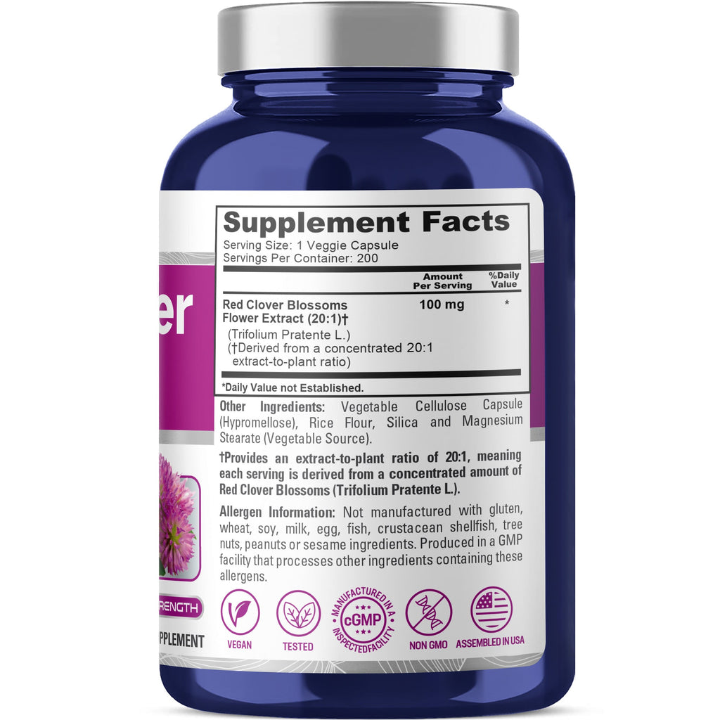 NusaPure Red Clover Blossoms 20:1 Extract, 100 mg 200 Veg Capsules Trifolium Pratente L. Suitable for Vegetarians/Vegan Non GMO Dietary Supplement