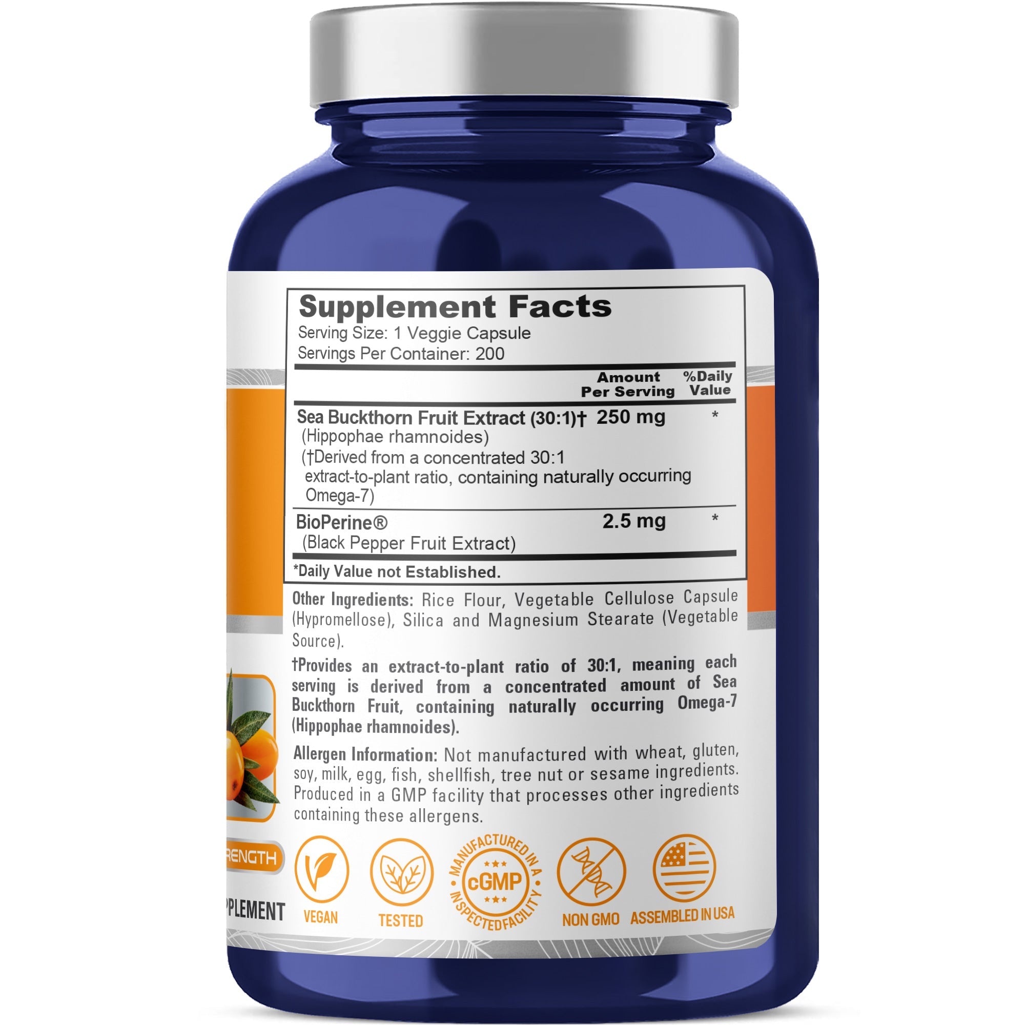 NusaPure Sea Buckthorn Omega-7 30:1 Extract, 250 mg per Veggie Caps - 200 Capsules - Non-GMO & Vegan
