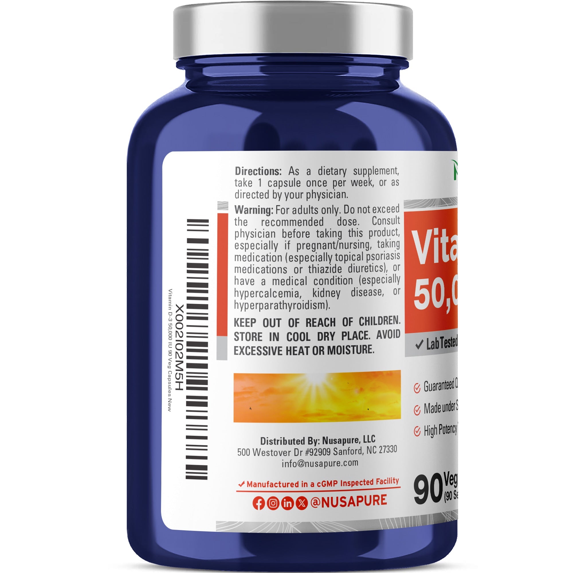 NusaPure Vitamin D3 50,000 IU 90 Vegetarian Capsules (Non-GMO)