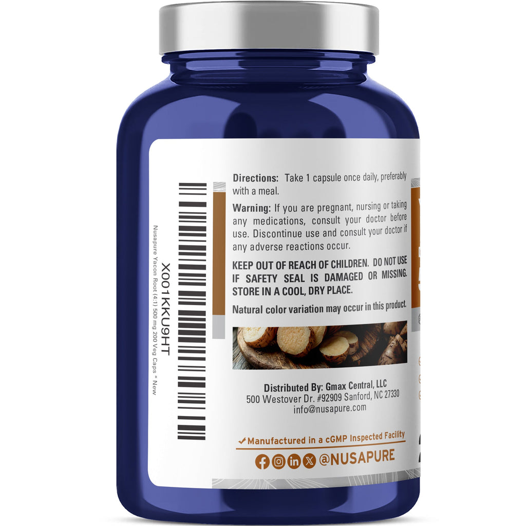 NusaPure Yacon Root Extract 500mg 200 Vegetarian Capsules (Extract 4:1, Non-GMO, Vegan)