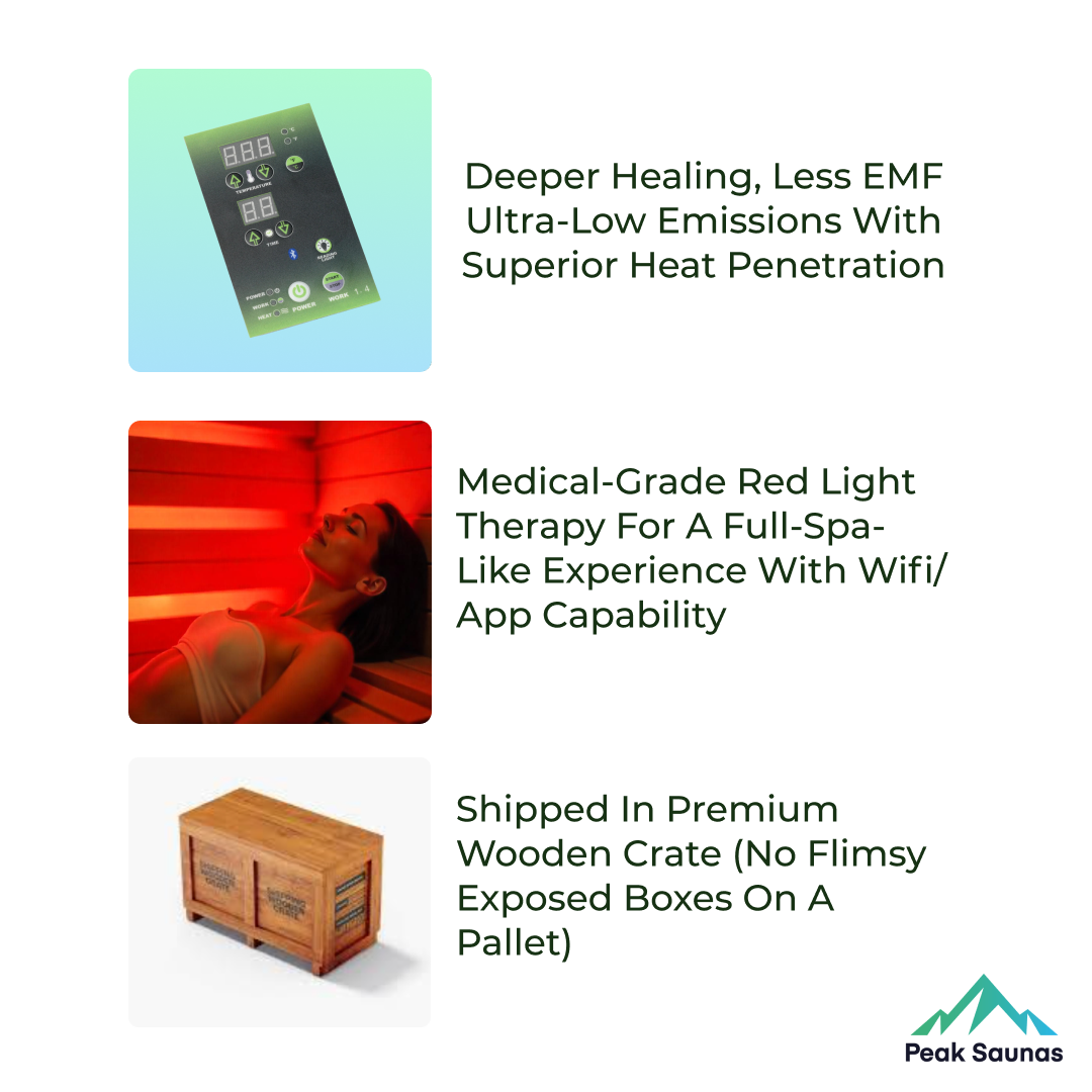 Peak Saunas Shasta 1-Person Full Spectrum Infrared Sauna with XL Medical-Grade Red Light Therapy & Smart WiFi App Control