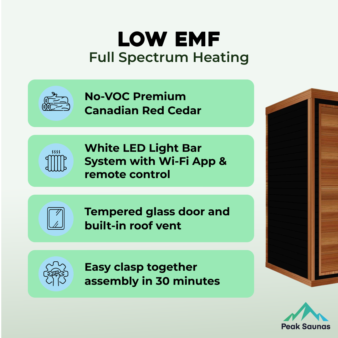 Peak Saunas Fuji 2-Person Full Spectrum Infrared Sauna with XL Medical-Grade Red Light Therapy & Smart WiFi App Control