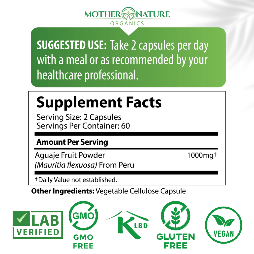 Aguaje Capsules | Peruvian Aguaje Fruit (Mauritia flexuosa) | 120 Count