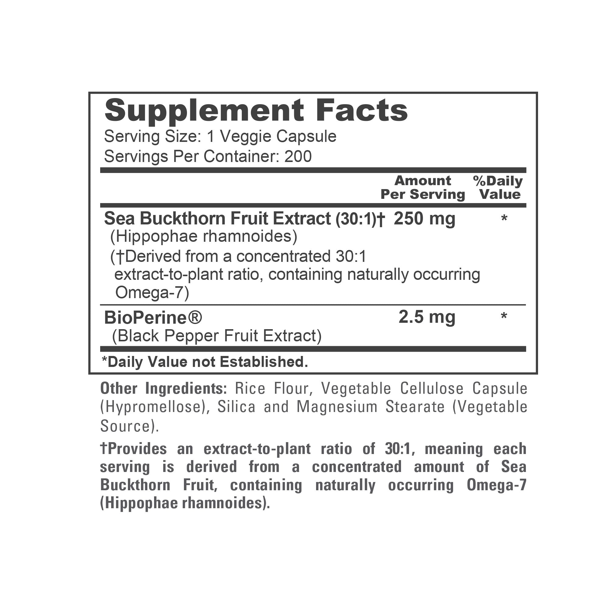 NusaPure Sea Buckthorn Omega-7 30:1 Extract, 250 mg per Veggie Caps - 200 Capsules - Non-GMO & Vegan