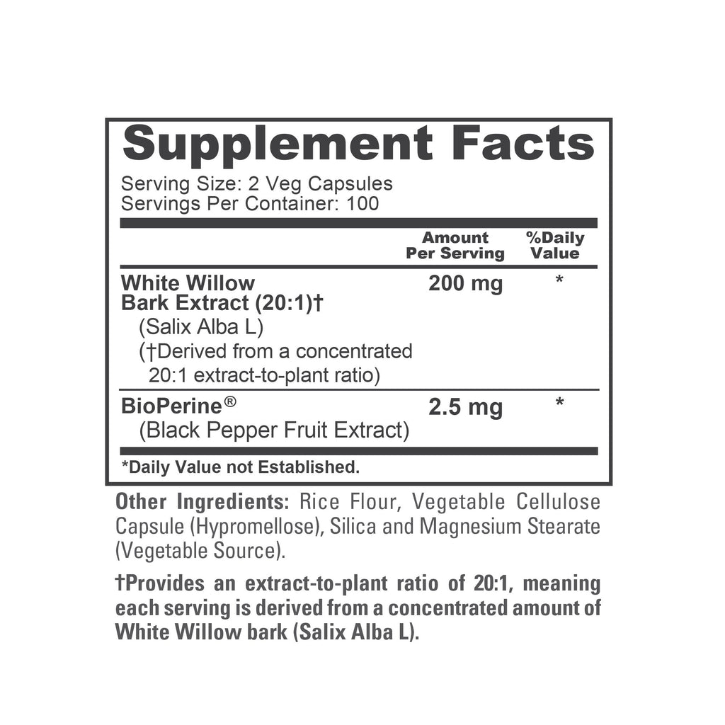 NusaPure White Willow Bark 20:1 Extract, 200 mg, 200 Veggie Capsules, Max Strength, (Non-GMO, Vegan)