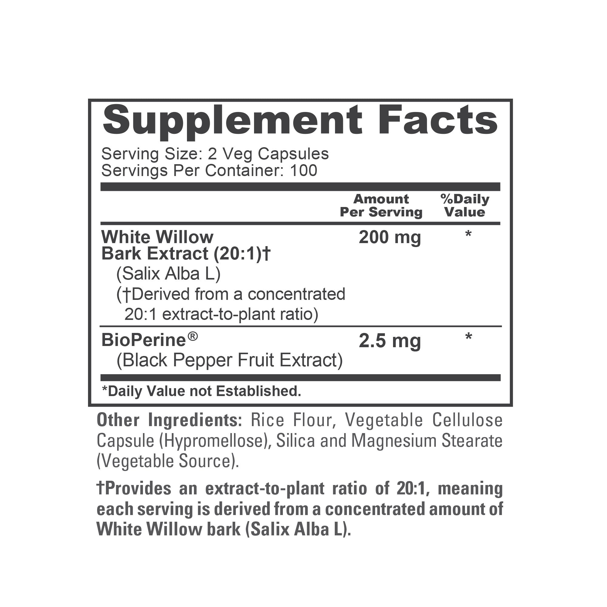 NusaPure White Willow Bark 20:1 Extract, 200 mg, 200 Veggie Capsules, Max Strength, (Non-GMO, Vegan)