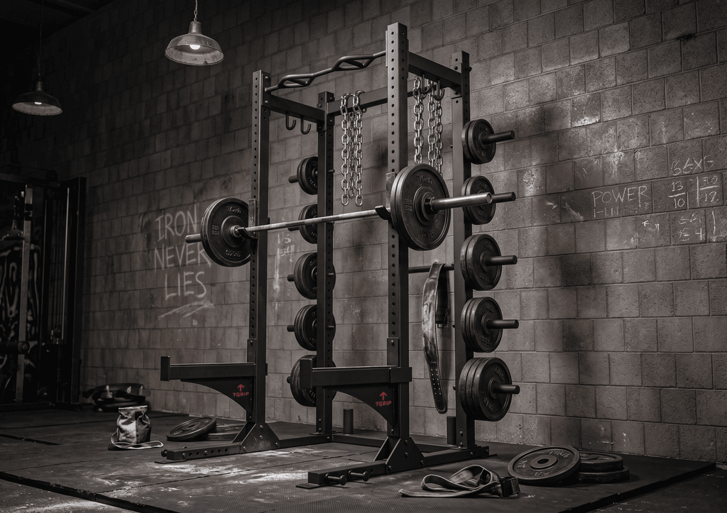 TGrip Commercial Half Rack - 3x3 Steel - Functional Multi-Grip Pull-Up - Bar & Plate Storage - J-Hooks