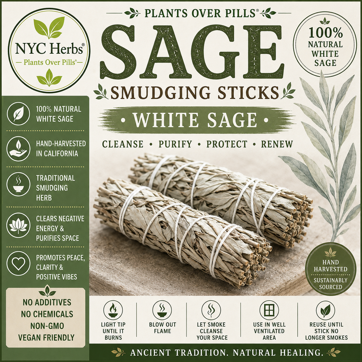 White Sage Smudge Sticks (3 Pack) | Cleansing & Spiritual Protection