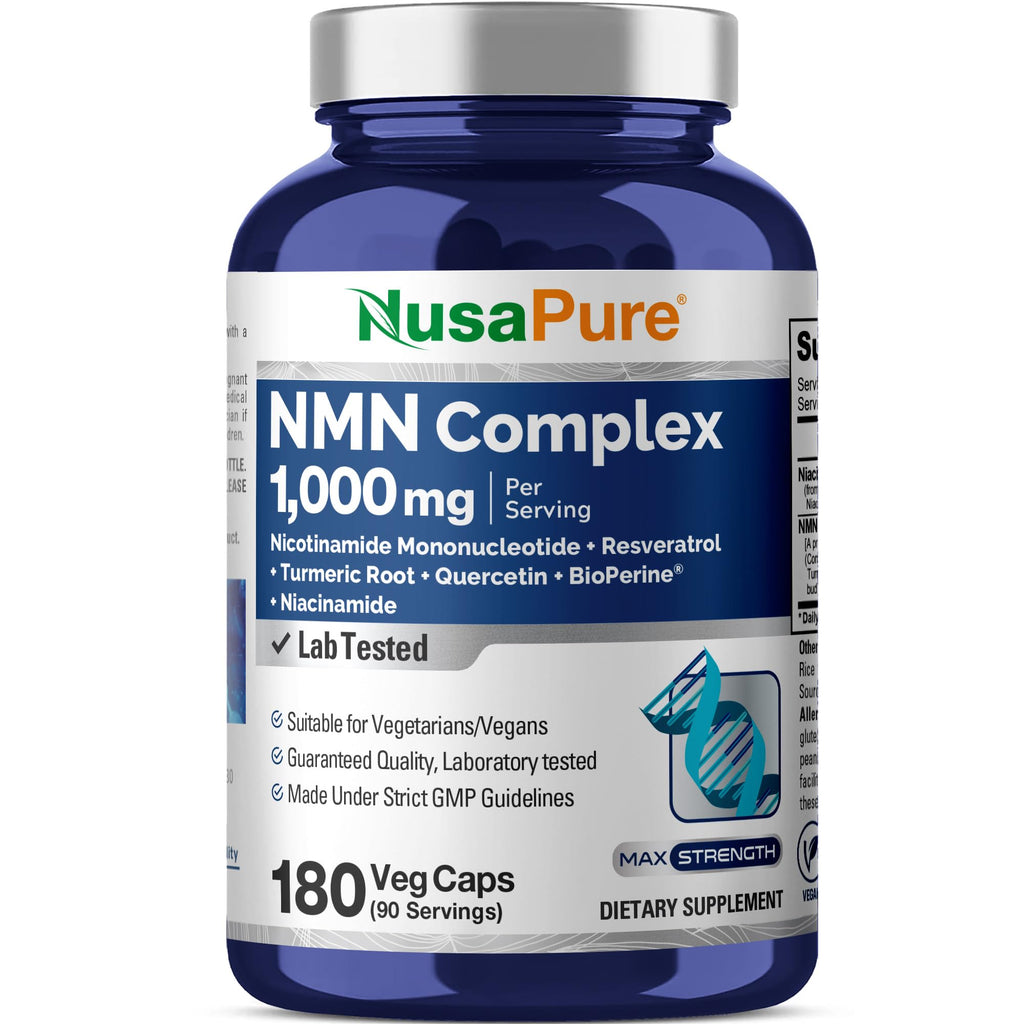NusaPure NMN Complex 1,000 mg per Serving with Resveratrol, Turmeric Root, Quercetin & BioPerine, 180 Vegan Capsules (90 Servings) – Non-GMO, Vegan, Lab Tested, Made in cGMP Facility