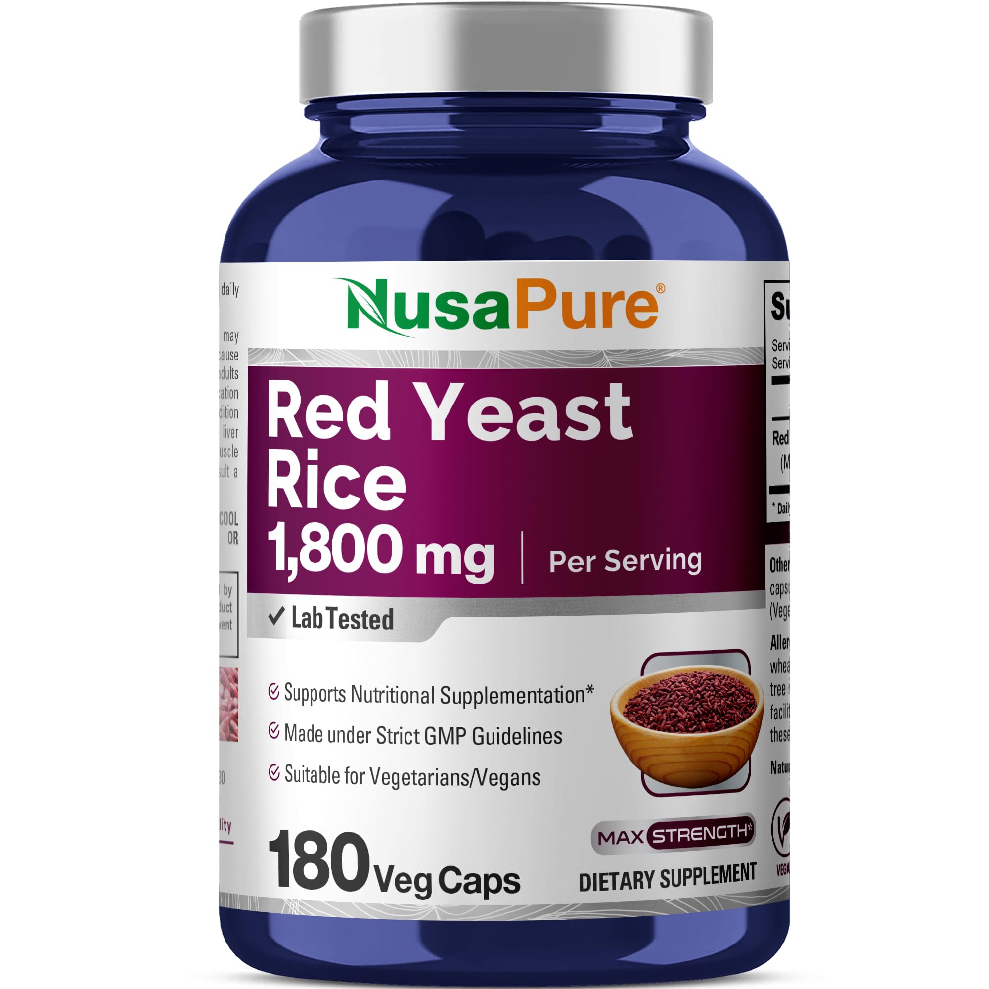 NusaPure Red Yeast Rice 1800mg 180 Veggie Capsules (Non-GMO, Vegan)