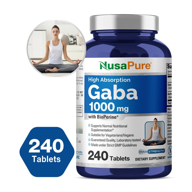 NusaPure GABA - Suitable for Vegetarian/Vegan, Non- GMO - 1000 mg - 240 Tablets