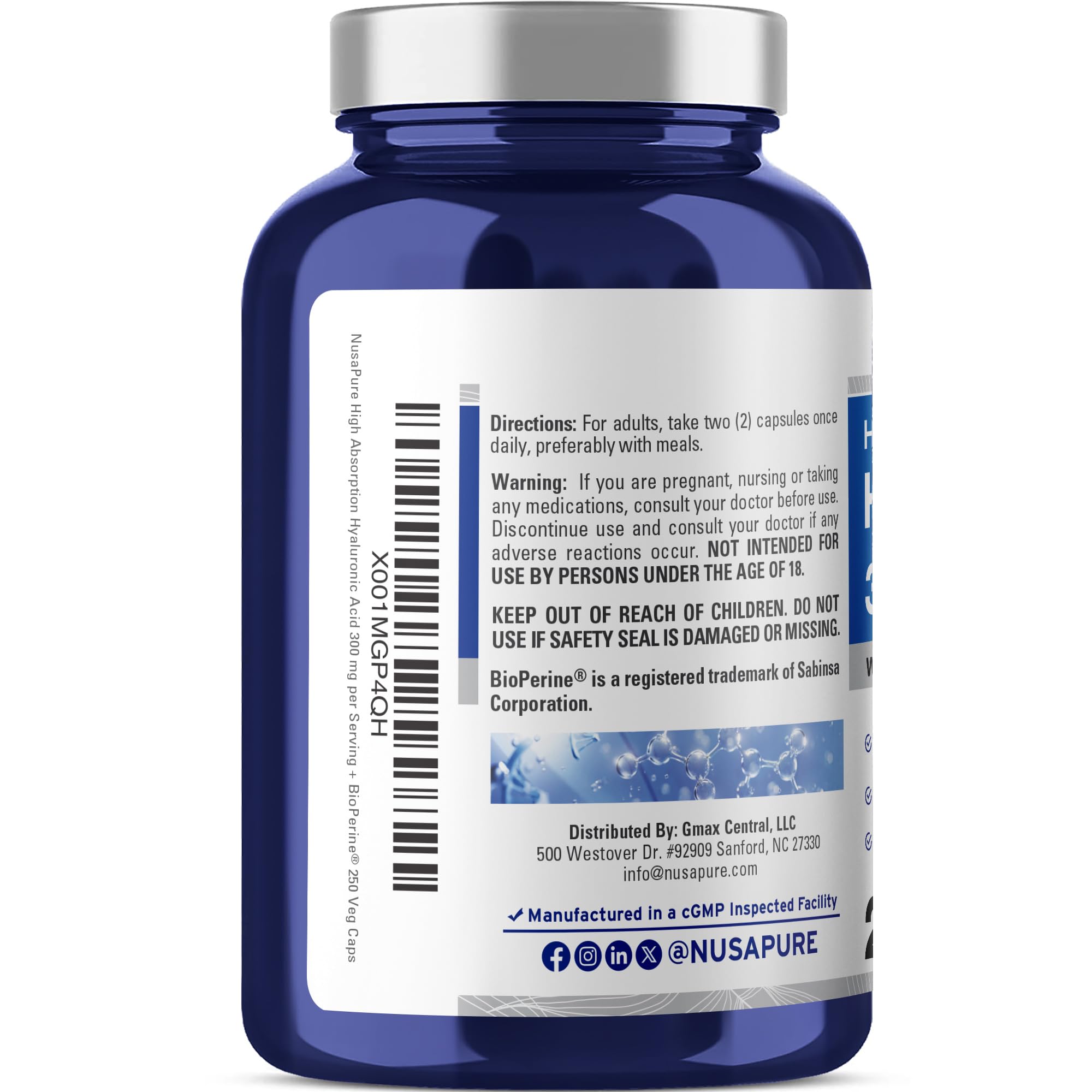 NusaPure Hyaluronic Acid 300mg 250 Veggie Capsules (Non-GMO, Vegan)