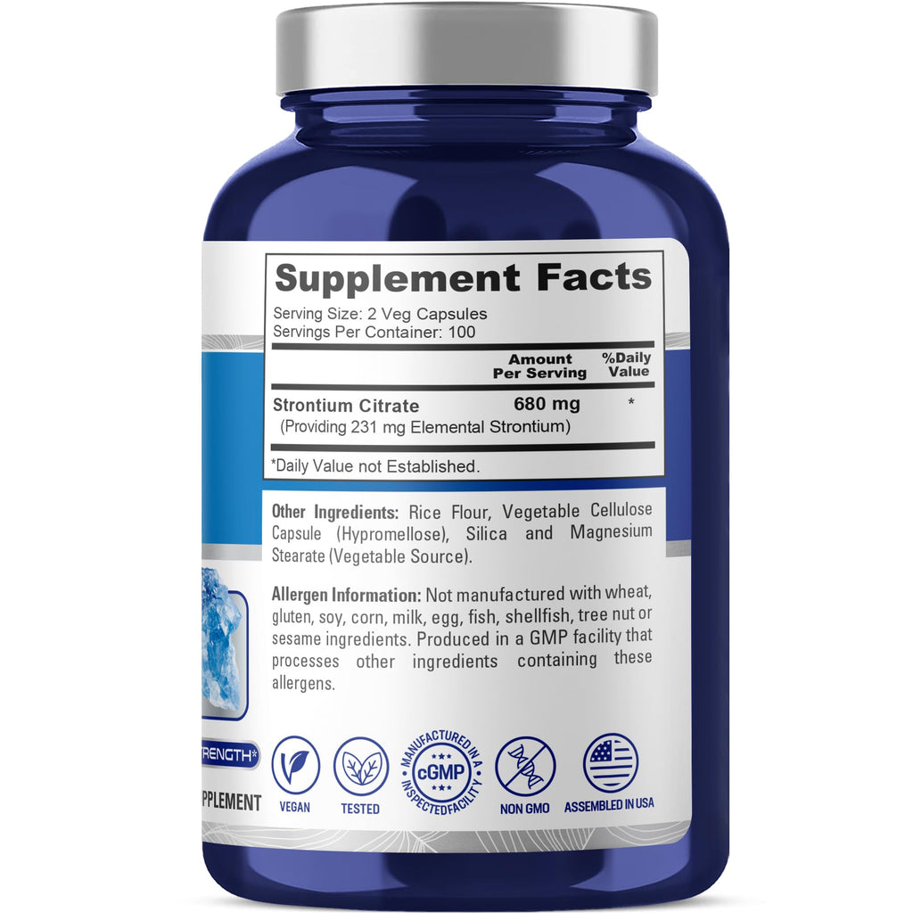 NusaPure Strontium Citrate - Suitable for Vegetarian/Vegan, Non - GMO - 680 mg 200 Capsules