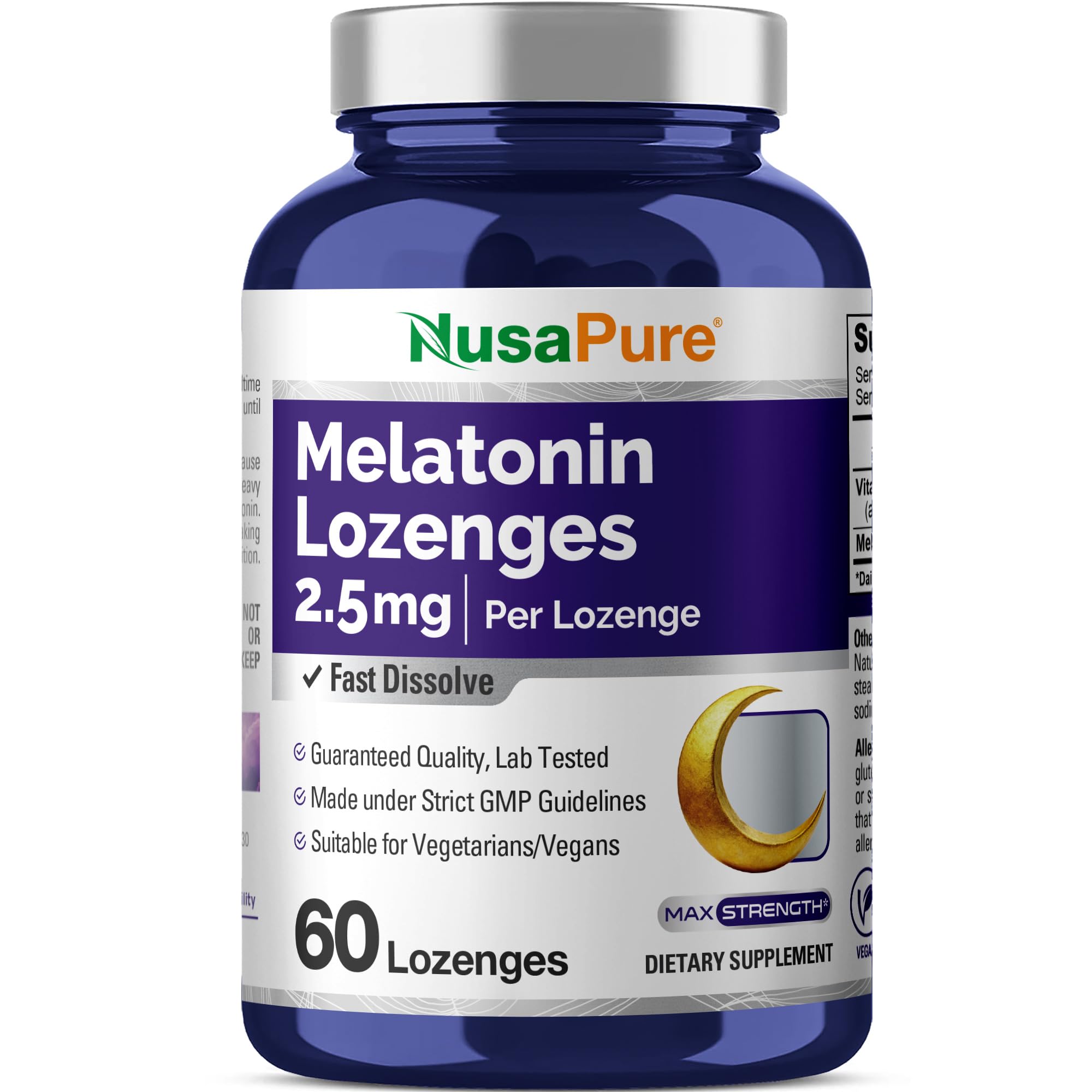 NusaPure Melatonin Lozenges with Vitamin B6 - Fast Dissolving, Suitable for Vegetarian/Vegan, Non-GMO - 2.5mg - 60 Counts