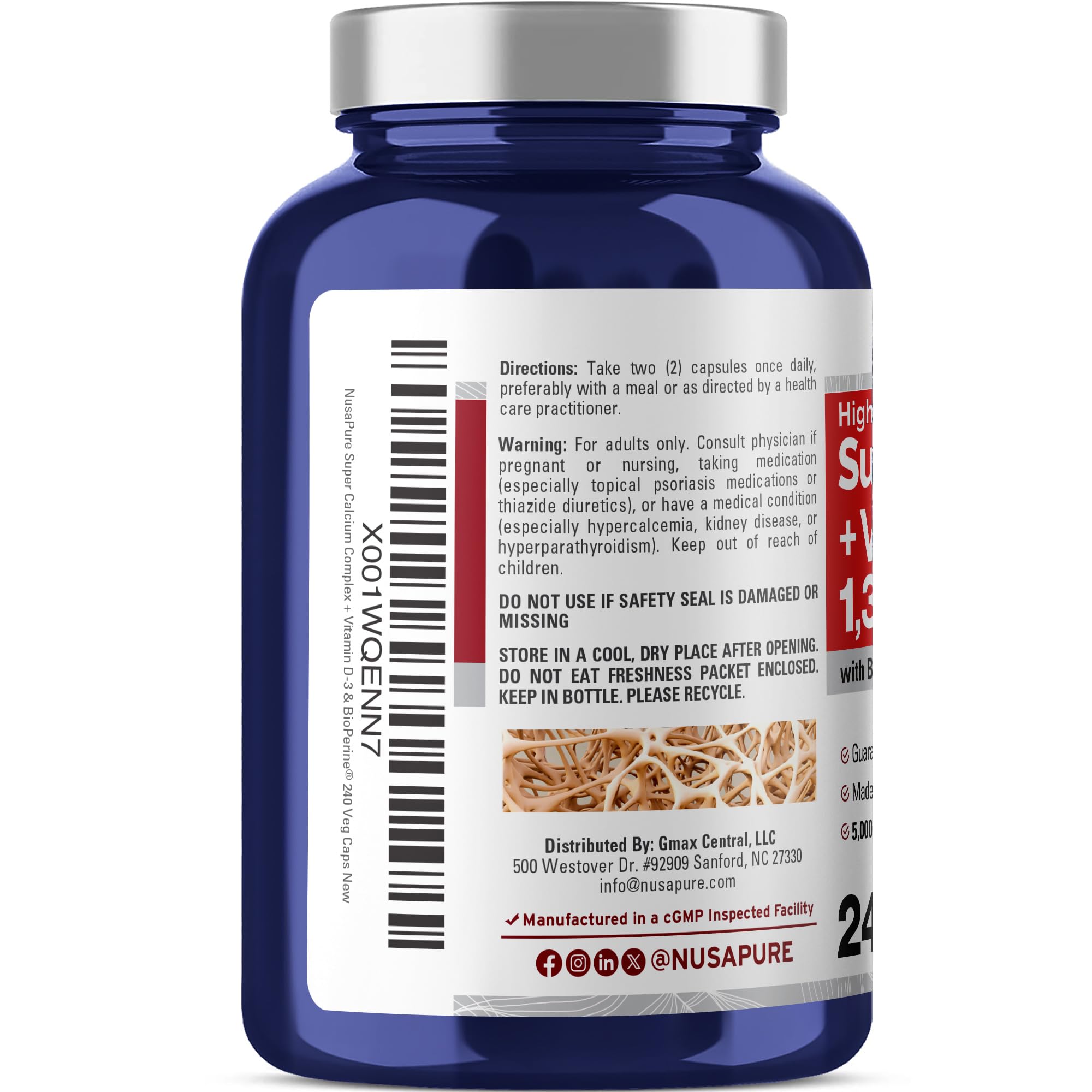 NusaPure Super Calcium with Vitamin D 3 & Calcium Citrate - Suitable for Vegetarian, Non - GMO - 1300mg - 240 Capsules