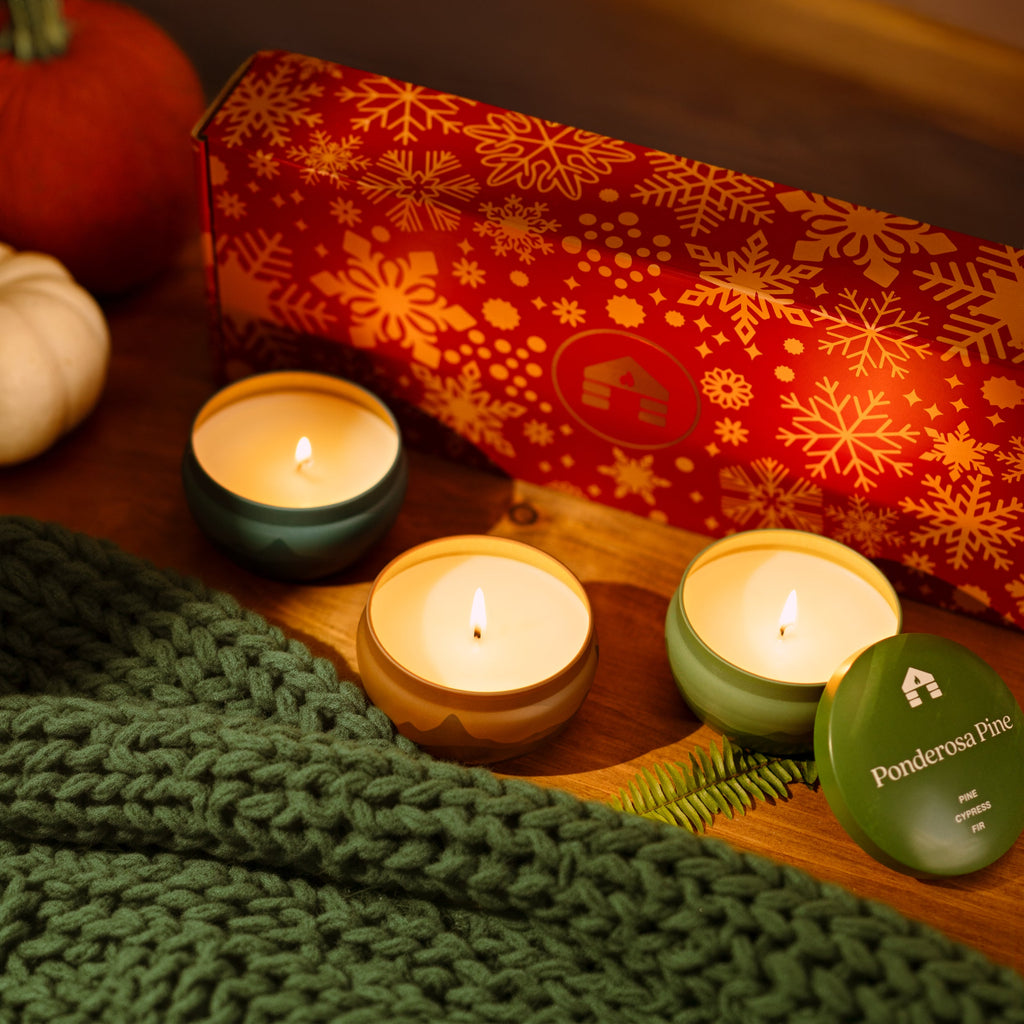 Scented Candle Gift Set - Three 8oz Aromática Coconut Wax Candle Tins - Pumpkin, Pine & Woodsy