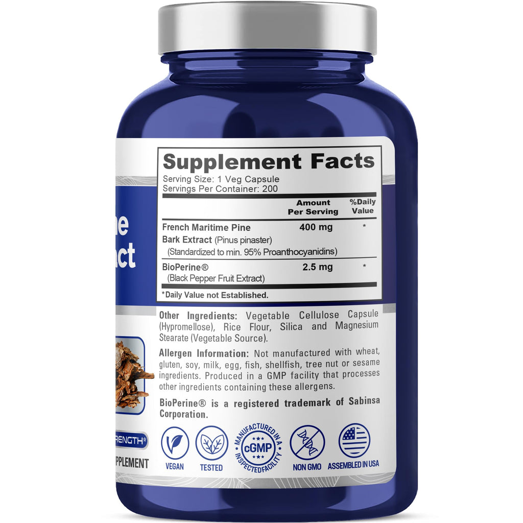 NusaPure French Maritime Pine Bark Extract 400mg per Veggie Caps 200-Day Supply Bioperine Non-GMO Vegan