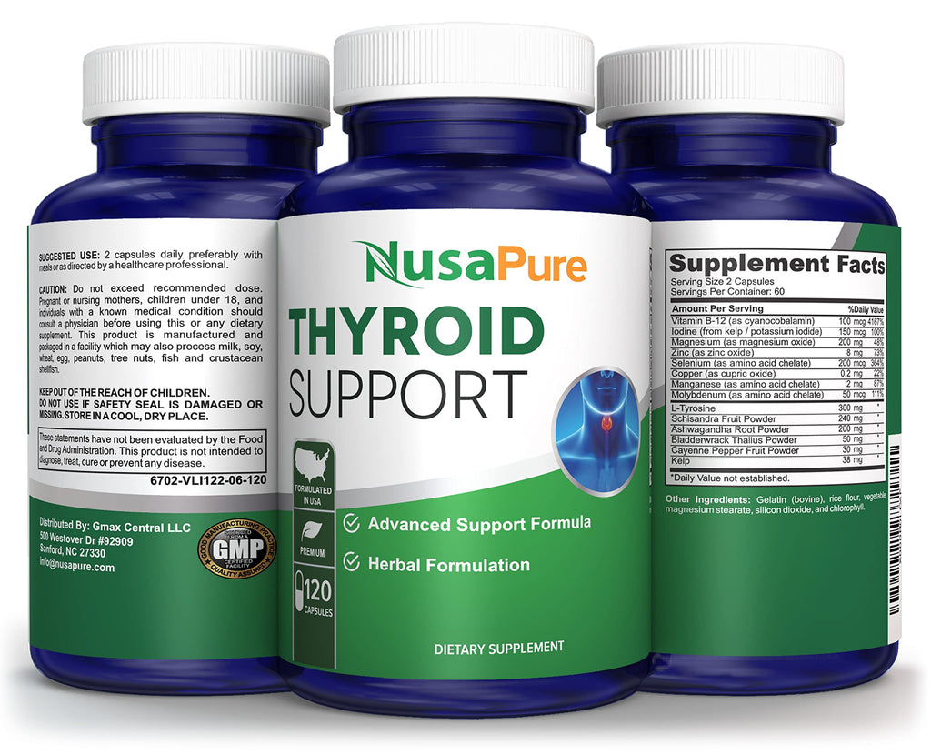 NusaPure Thyroid Support Supplement (Non-GMO) 120 caps, Ashwaganda, Iodine, Zinc, kelp, Vitamin B12, L-Tyrosine, Selenium, Copper