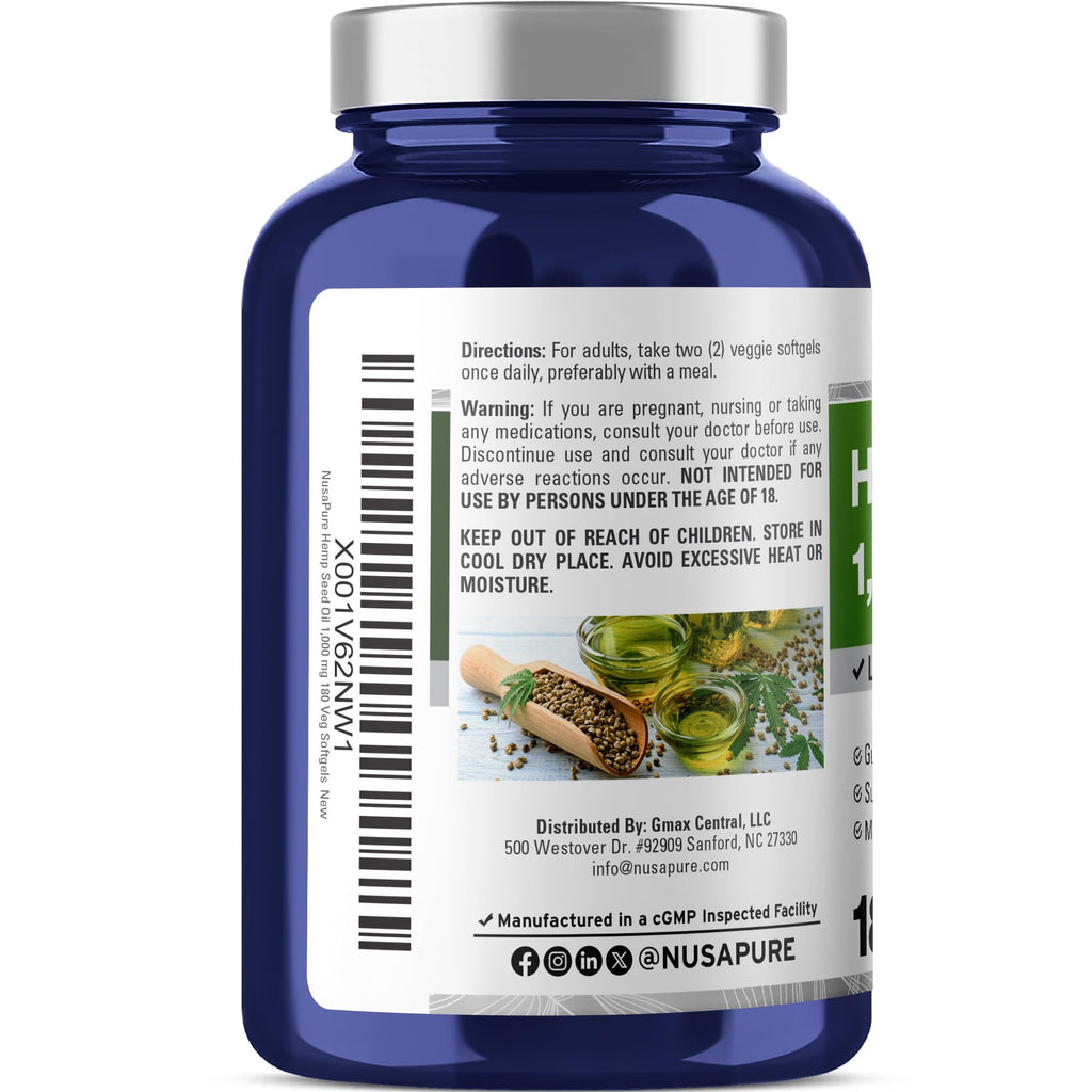 NusaPure Hemp Oil Capsules, 1,000mg Per Serving, 180 Veggie Softgels, Non-GMO, Vegan
